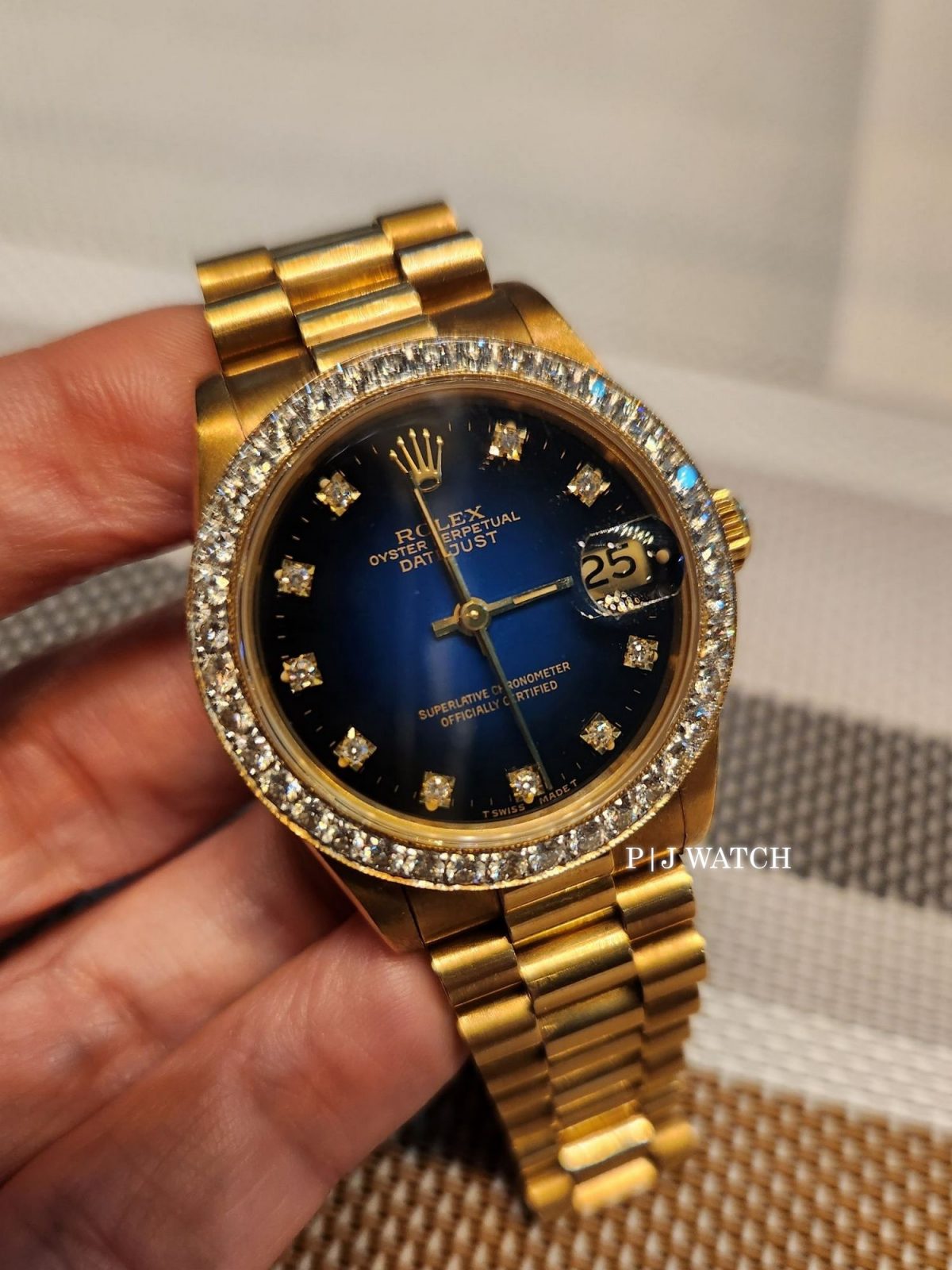 Rolex Lady-Datejust 18K Yellow Gold President Watch Blue Vignette Diamond Ref.69178