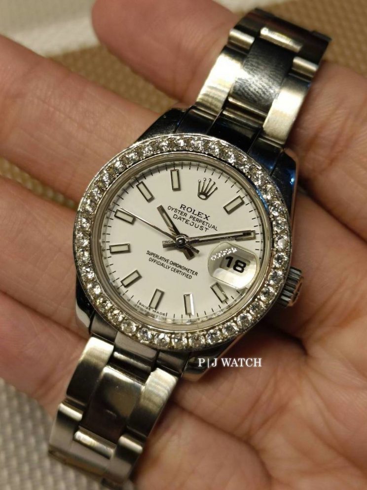 Rolex Lady-Datejust 26mm White Index Custom Diamond Bezel Ref.179160