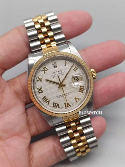 Rolex Datejust 36mm 18kt Gold & SS Ivory Pyramid Roman Ref.116233