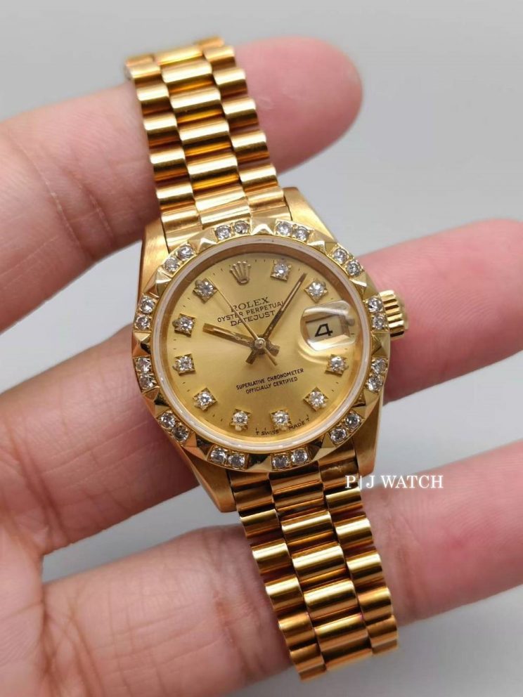 Rolex Datejust President Yellow Gold Pyramid Diamond Bezel Watch Ref.69258