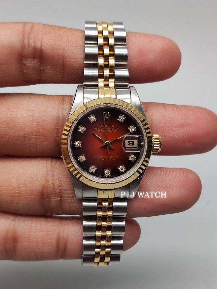 Rolex Lady-Datejust 26mm 2Tone Red Vignette Diamond Dial Ref.69173