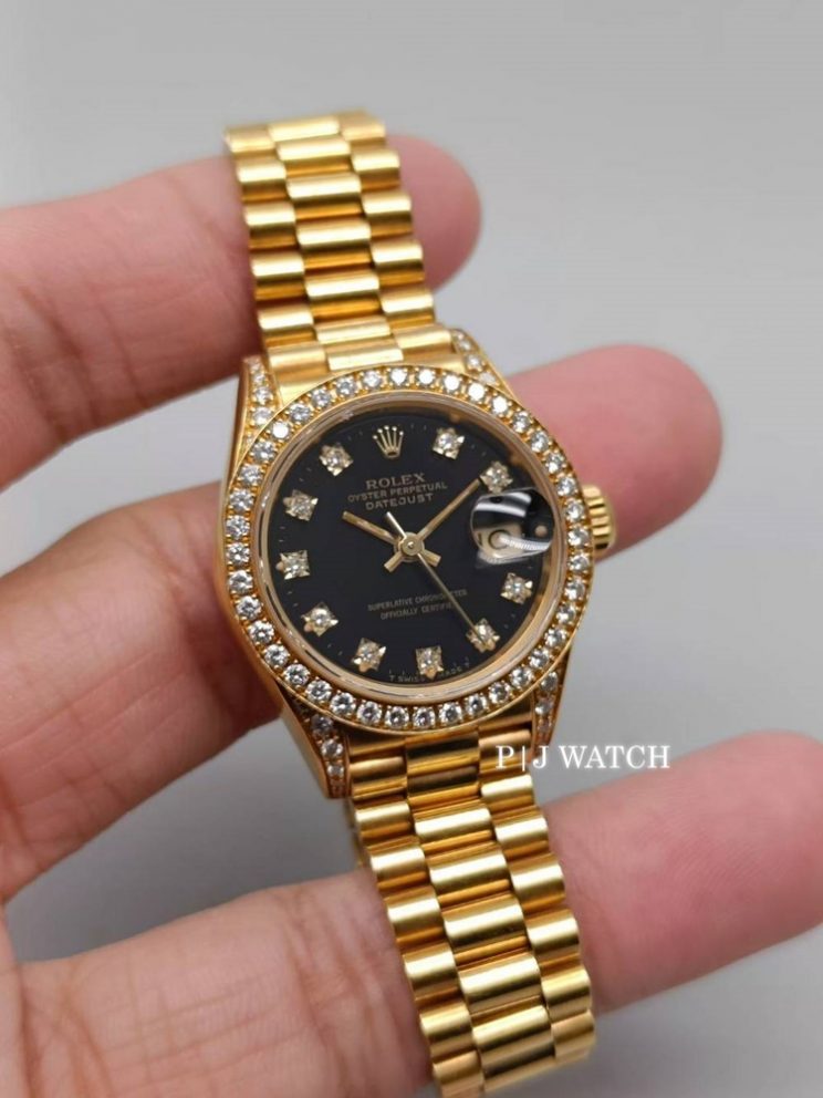 Rolex Lady-Datejust 26mm Yellow Gold18k Black Diamond Dial Ref.69158