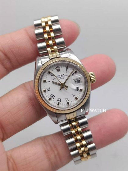 Rolex Oyster Perpetual Date Lady 26mm 2Tone White Roman Dial Ref.69173