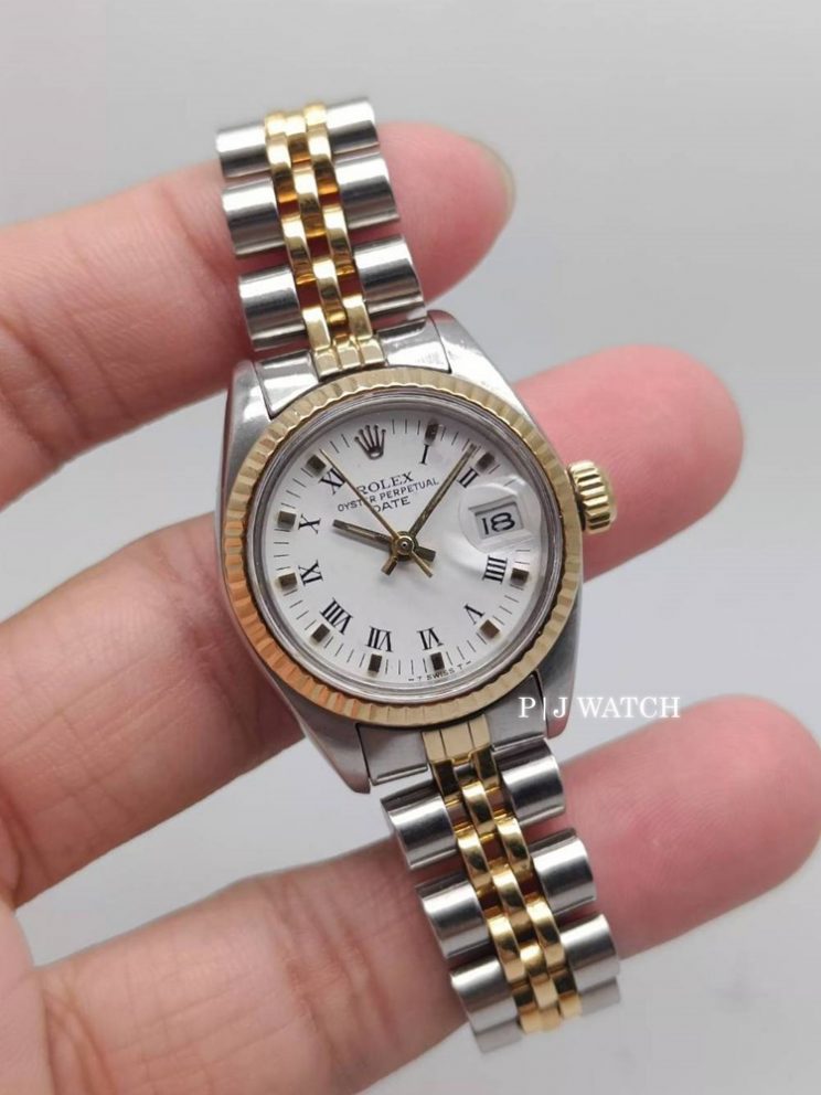 Rolex Oyster Perpetual Date Lady 26mm 2Tone White Roman Dial Ref.69173