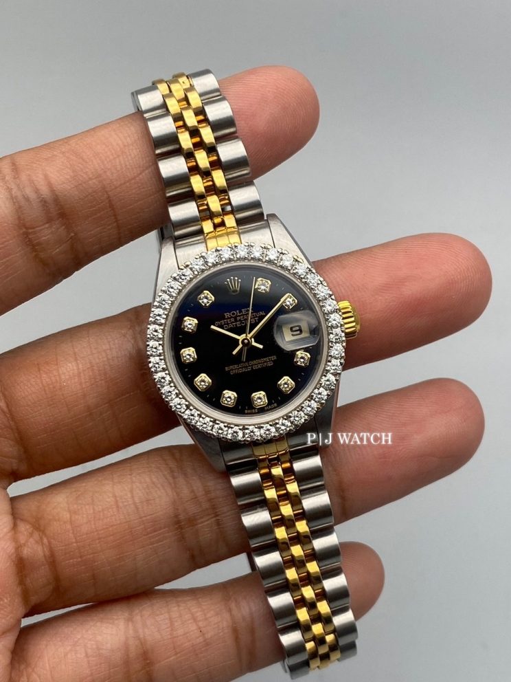 Rolex Lady-Datejust 26mm 2Tone Jubilee Bracelet Black Diamond Dial Ref.69173