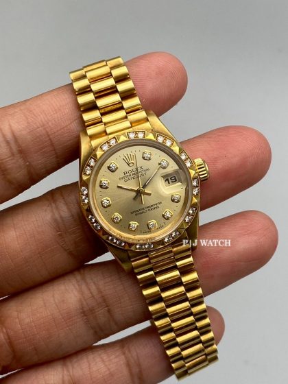 Rolex Lady-Datejust 28mm 18k Gold President Pyramid Diamonds Bezel Ref.79258