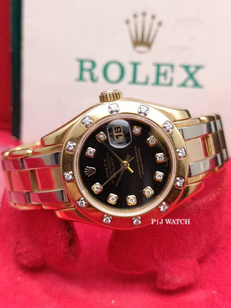 Rolex Pearlmaster Solid Gold Black Diamond Dial Women's Watch Ref.80318