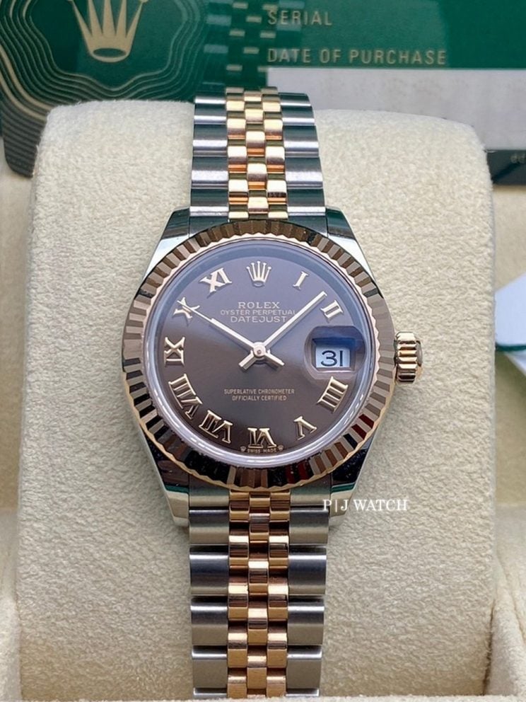 Rolex Lady-Datejust 28mm Rose Gold Fluted Bezel Chocolate Brown Dial Ref.279171