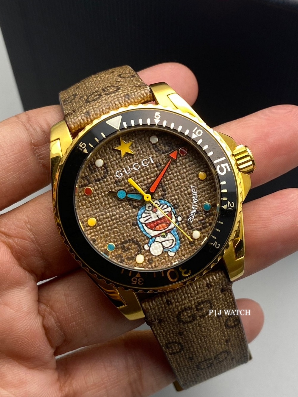 GUCCI Doraemon Dive Watch Quartz Yellow Gold PVD GG Canvas Dial Ref.YA136335