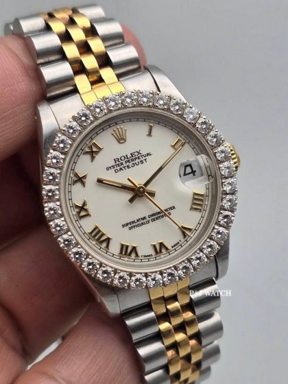 Rolex Datejust 31mm Steel & Gold White Roman Dial Diamonds Bezel Ref.68273