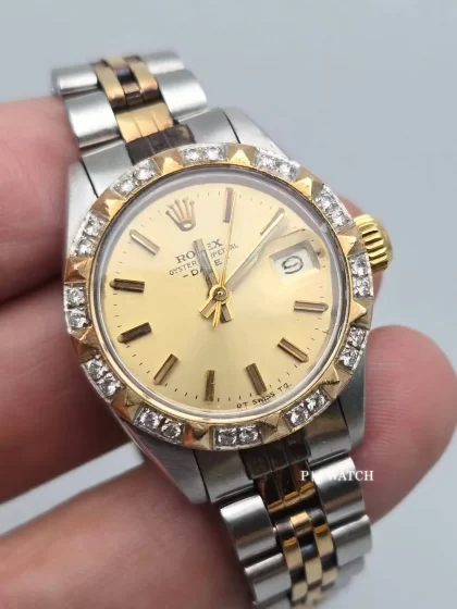 Rolex Lady-Oyster Perpetual Date 26mm Steel&Gold Champagne Dial Diamonds Bezel Ref.6917