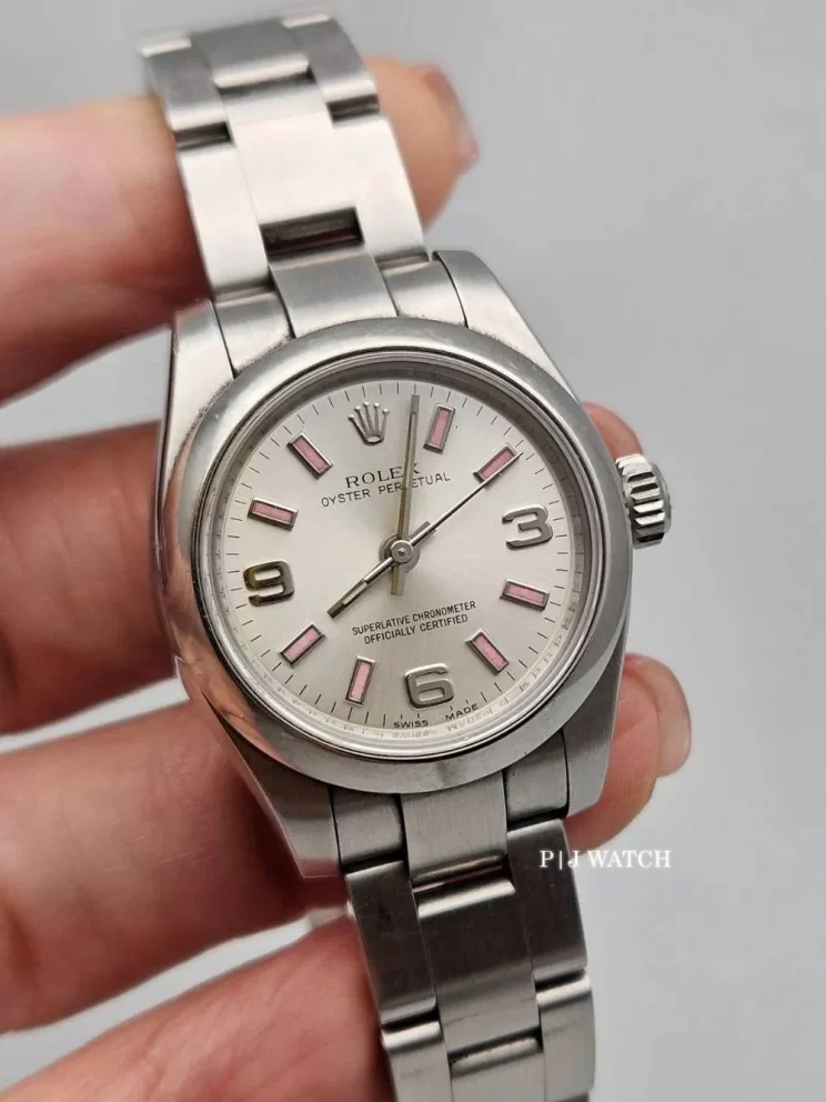 Rolex Oyster Perpetual 26mm Silver Arabic Numeral & Pink Index Dial Ref.176200