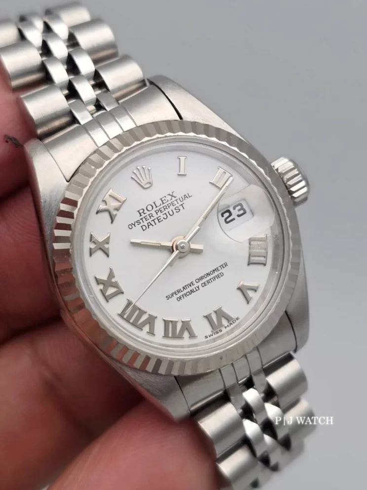 Rolex Lady-Datejust 26mm White Gold Bezel White Roman Dial Ref.69174