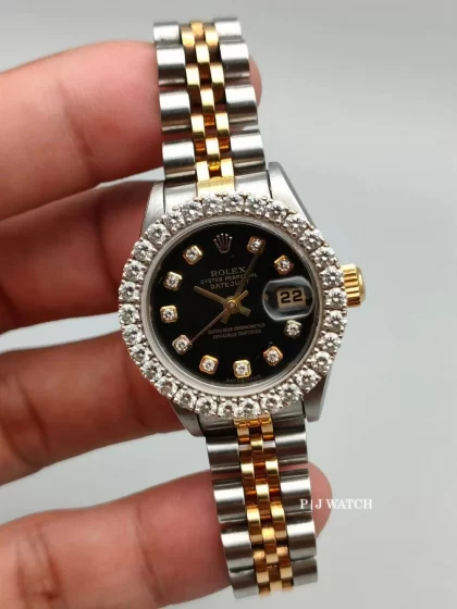 Rolex Lady-Datejust 26mm Gold & Steel Black Diamond Dial Ref.79173G