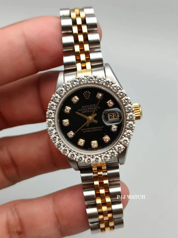 Rolex Lady-Datejust 26mm Gold & Steel Black Diamond Dial Ref.79173G