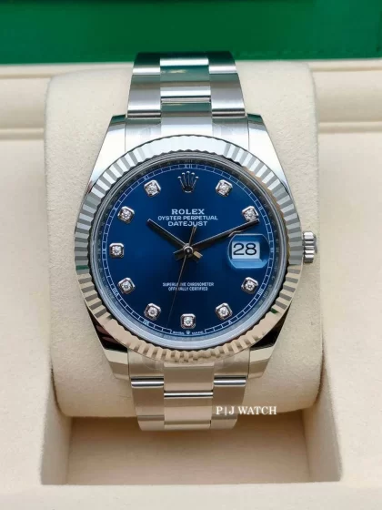 Rolex Datejust 41mm Oystersteel Blue Diamond Dial White Gold Bezel Ref.126334