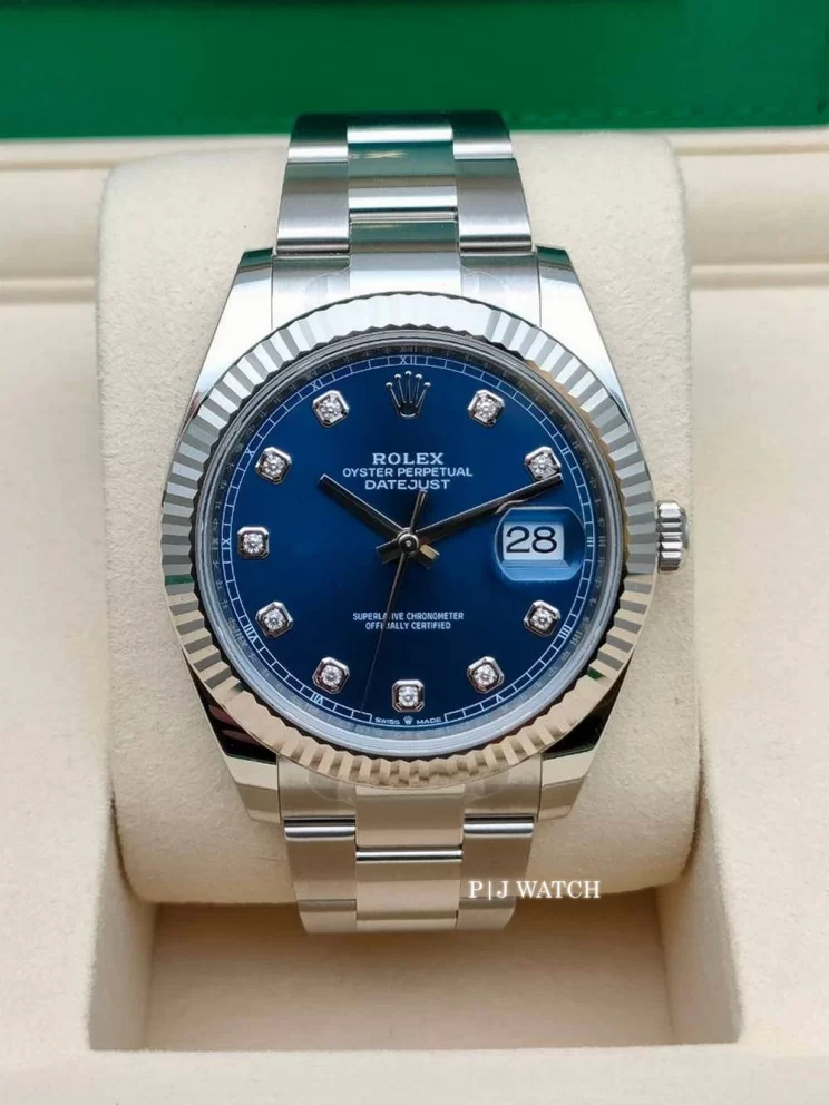 Rolex Datejust 41mm Oystersteel Blue Diamond Dial White Gold Bezel Ref.126334