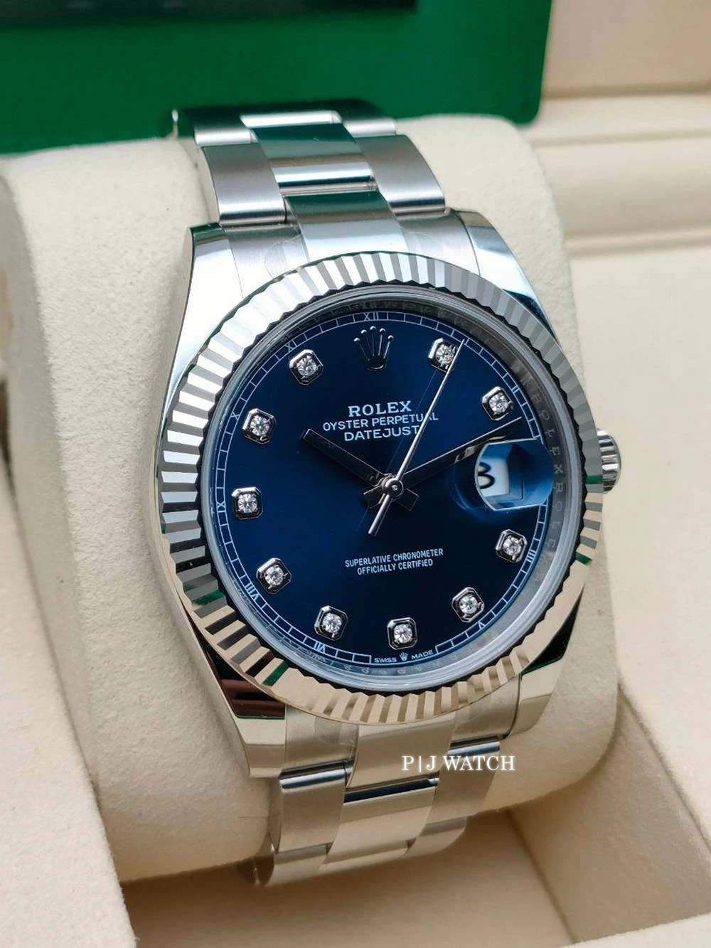 Rolex Datejust 41mm Oystersteel Blue Diamond Dial White Gold Bezel Ref.126334