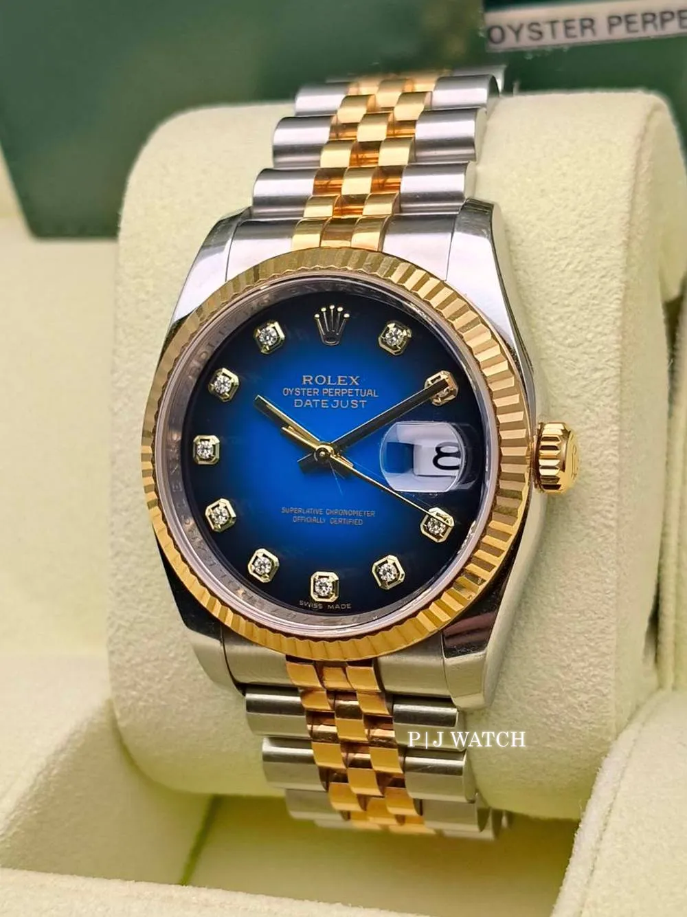 Rolex Datejust 36mm Two-Tone Yellow Gold Blue Vignette Diamond Dial Ref.16233