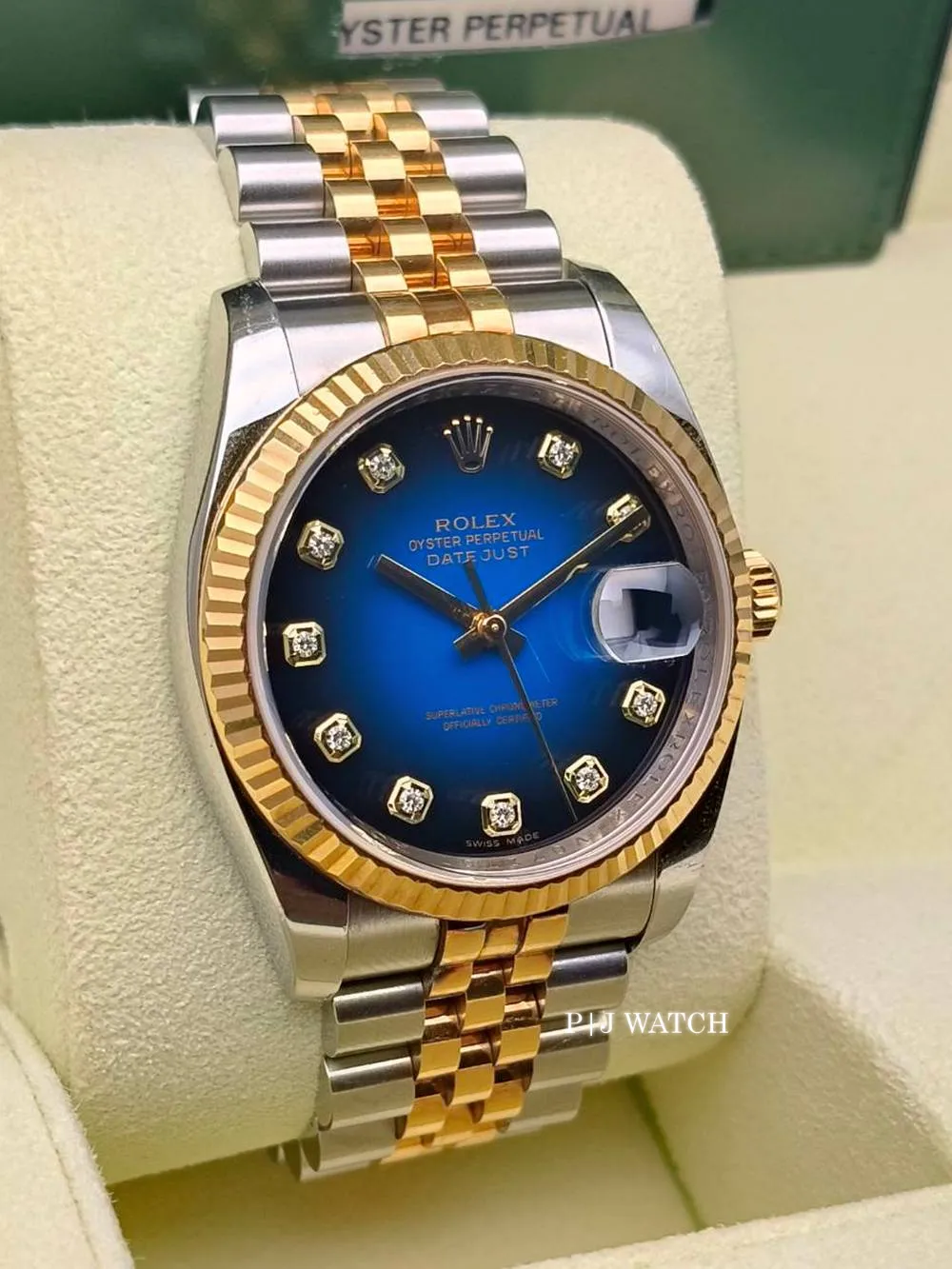 Rolex Datejust 36mm Two-Tone Yellow Gold Blue Vignette Diamond Dial Ref.16233