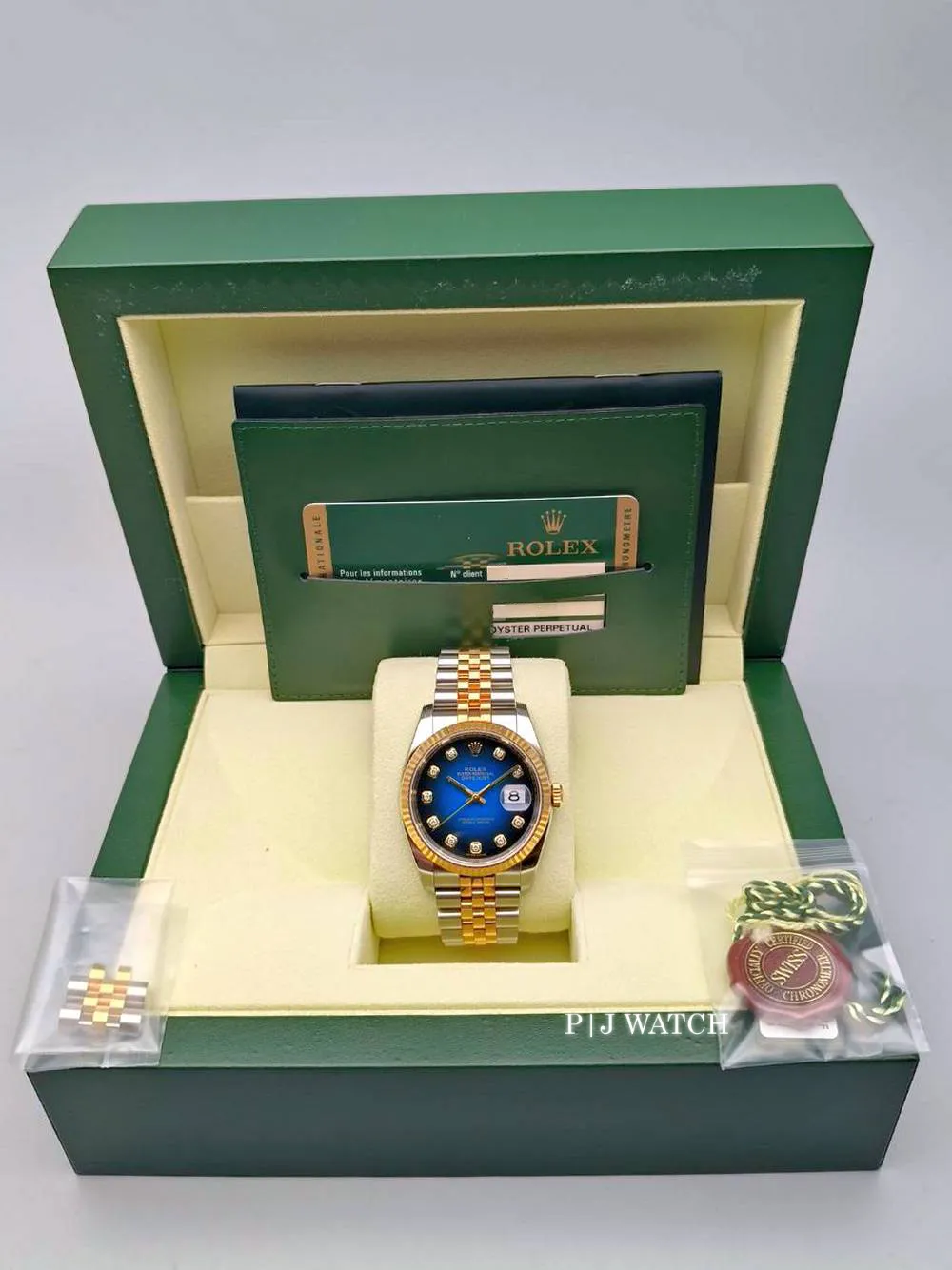 Rolex Datejust 36mm Two-Tone Yellow Gold Blue Vignette Diamond Dial Ref.16233