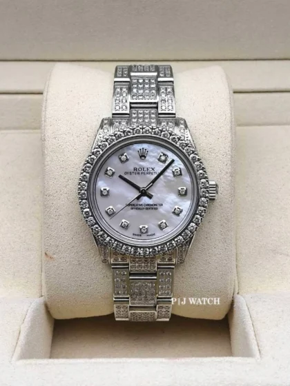 Rolex Oyster Perpetual Midsize ICED 8kt Diamonds Pearl Steel Watch Ref.177234
