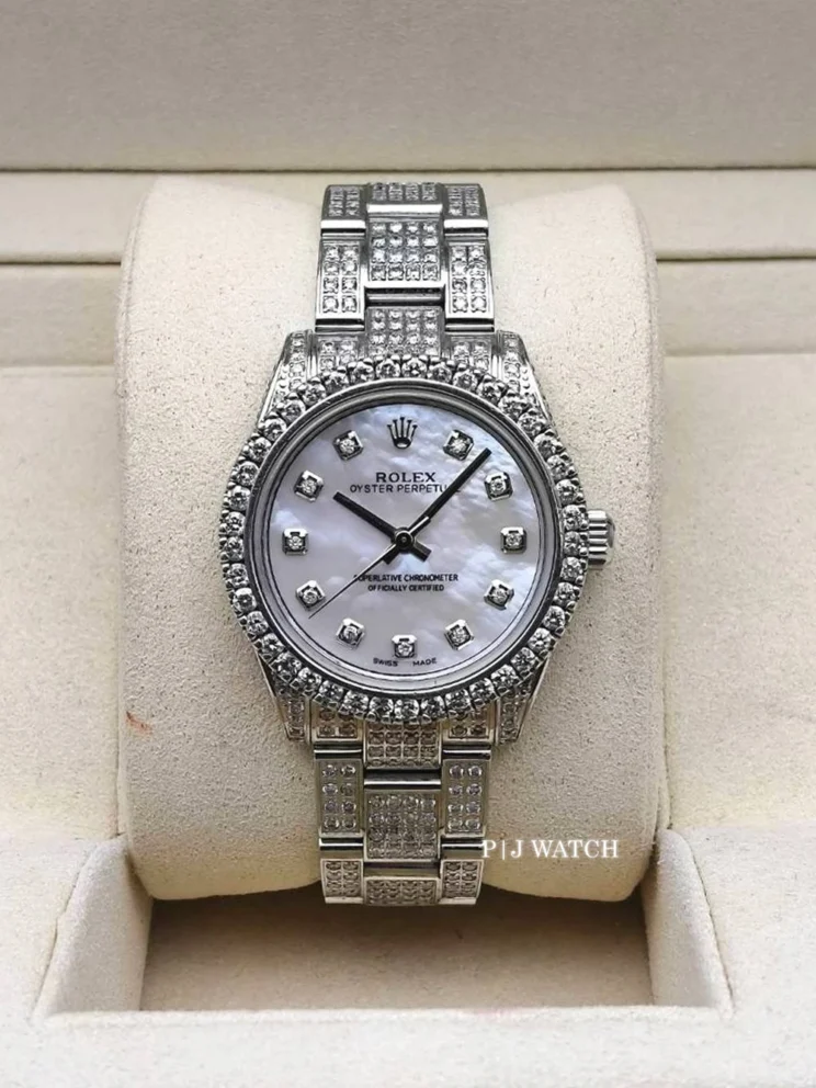 Rolex Oyster Perpetual Midsize ICED 8kt Diamonds Pearl Steel Watch Ref.177234