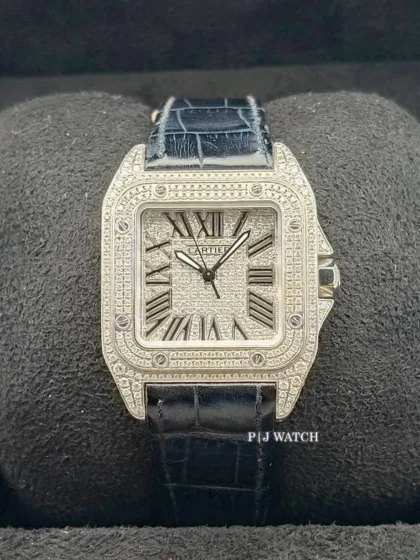 Cartier Santos 100 XL Steel Full Pave Diamond Dial Ref.W20090X8