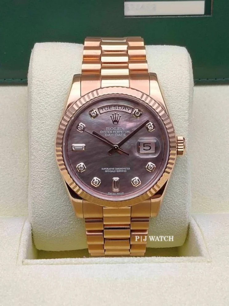Rolex Day-Date 36mm Everose Gold Mother of Pearl Black Diamond Dial Ref.118235