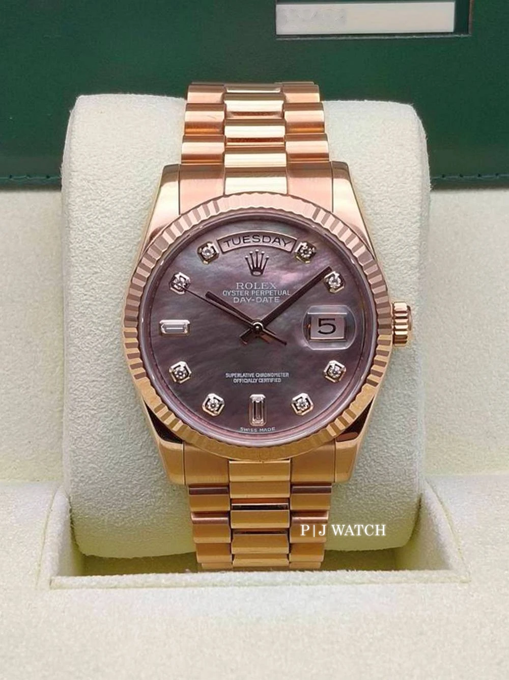 Rolex Day-Date 36mm Everose Gold Mother of Pearl Black Diamond Dial Ref.118235