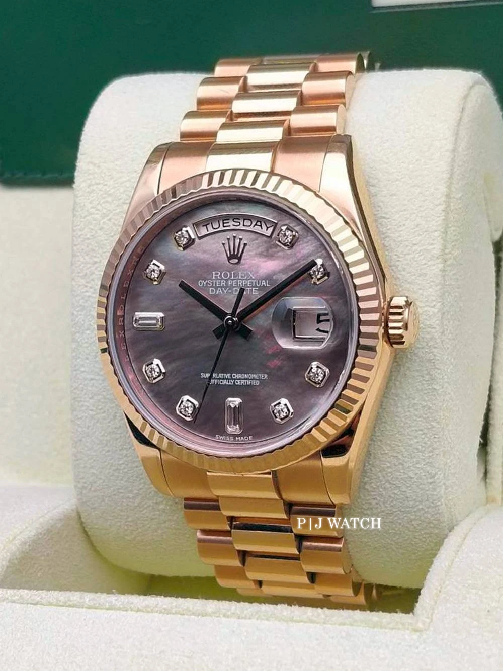Rolex Day-Date 36mm Everose Gold Mother of Pearl Black Diamond Dial Ref.118235