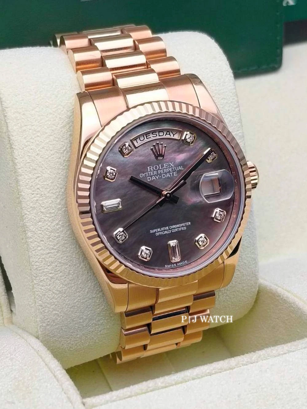 Rolex Day-Date 36mm Everose Gold Mother of Pearl Black Diamond Dial Ref.118235