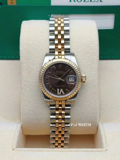 Rolex Lady-Datejust 26mm Gold & Steel Black Roman Dial Fluted Bezel Jubilee Ref.179173