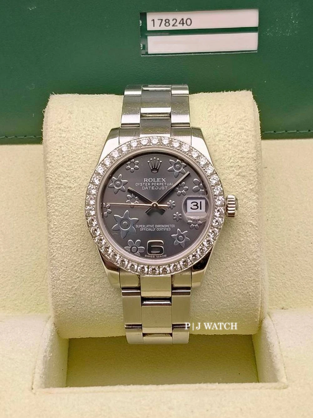 Rolex Datejust 31mm Steel Diamond Bezel Rhodium Floral Dial Oyster Ref.178240
